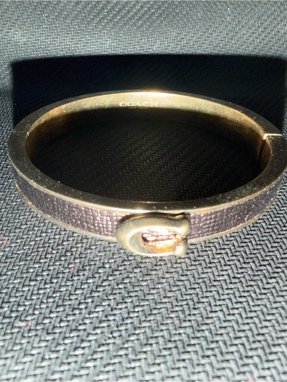 Coach Brown Leather-Texture Bangle with Gold Hardware